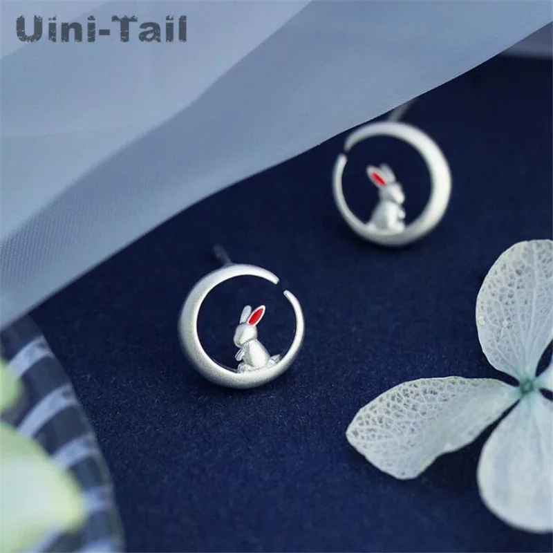 Uini-Tail hot new 925 Tibetan silver moon bunny earrings fresh and lovely sweet tide flow white rabbit student earrings ED006