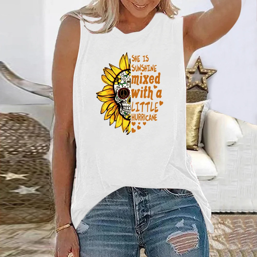 Seeyoushy She Is Sunshine Sunflower Skull Funny Women T-shirt Casual Summer Loose Harajuku Shirt for Women Sleeveless Tops