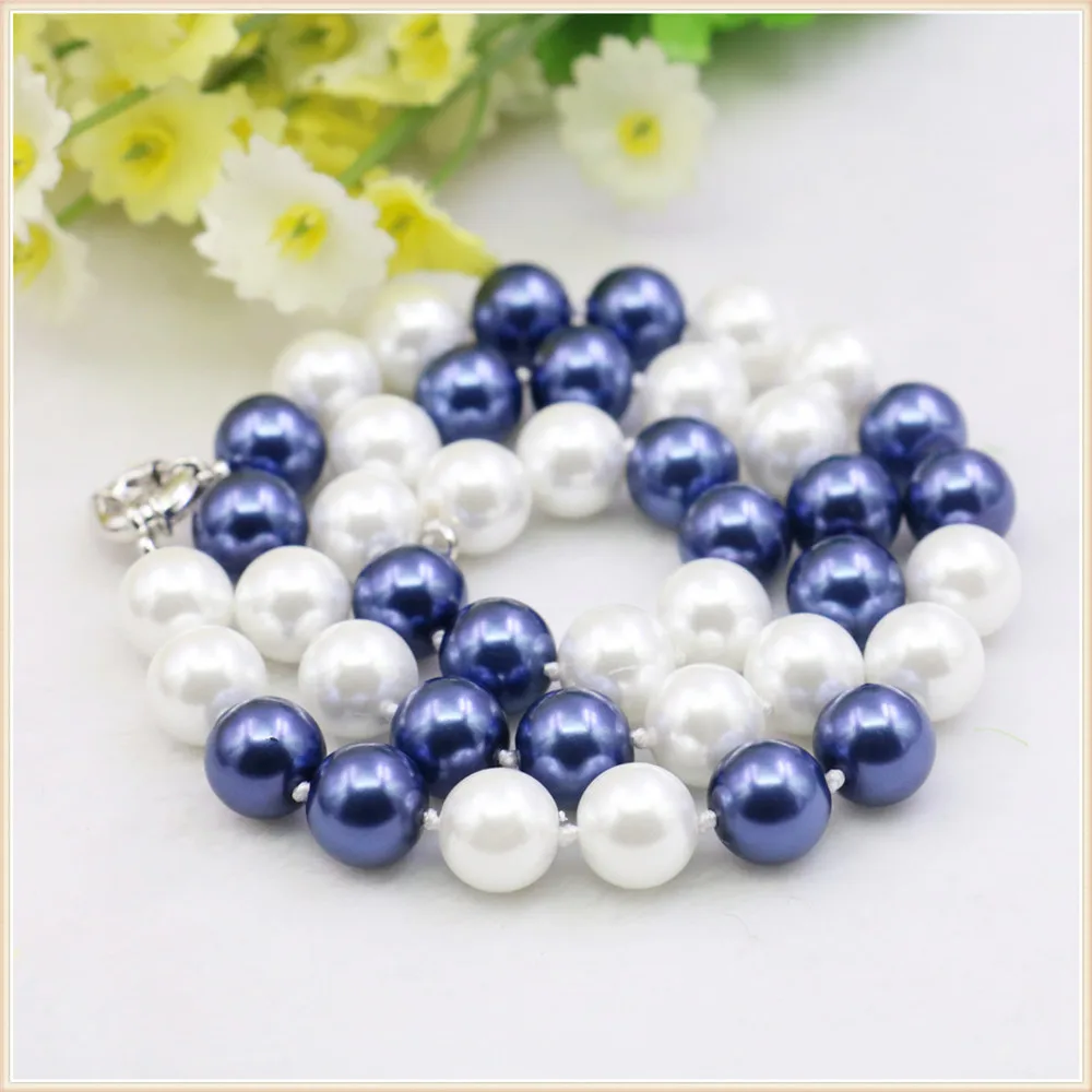 Fashion 2color White Blue Multicoor 10mm Round Shell Pearl Necklace Knotted Between Every Beads Hand Made Jewelry Making Design