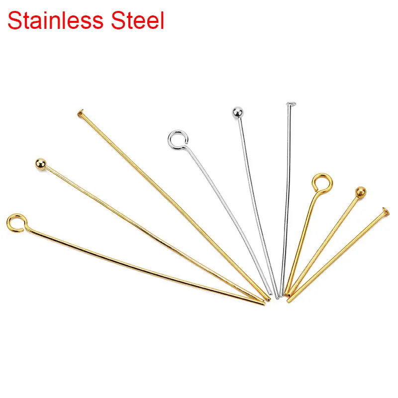 100pcs Stainless Steel Eye Flat Head Pins Needles Bulk 20mm 30mm 40mm Gold Color Ball Bead Headpins Connector For Jewelry Making