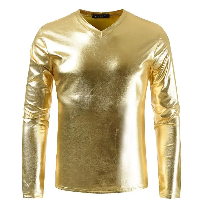 

Large Size Gold Bright Leather Long Sleeve T-shirts Silver Party Dress Fashion Bottoming Stage Costumes Unusual Clothes Products