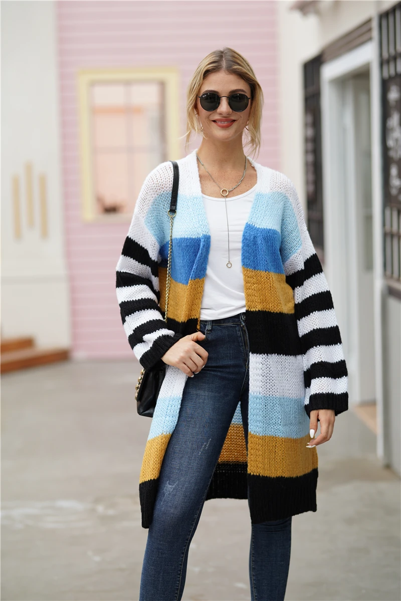 H80&S90 New Women Striped Long Cardigans Autumn Winter Knitted Sweaters Casual Coats Fashion Patchwork Cardigan Sweaters Clothes