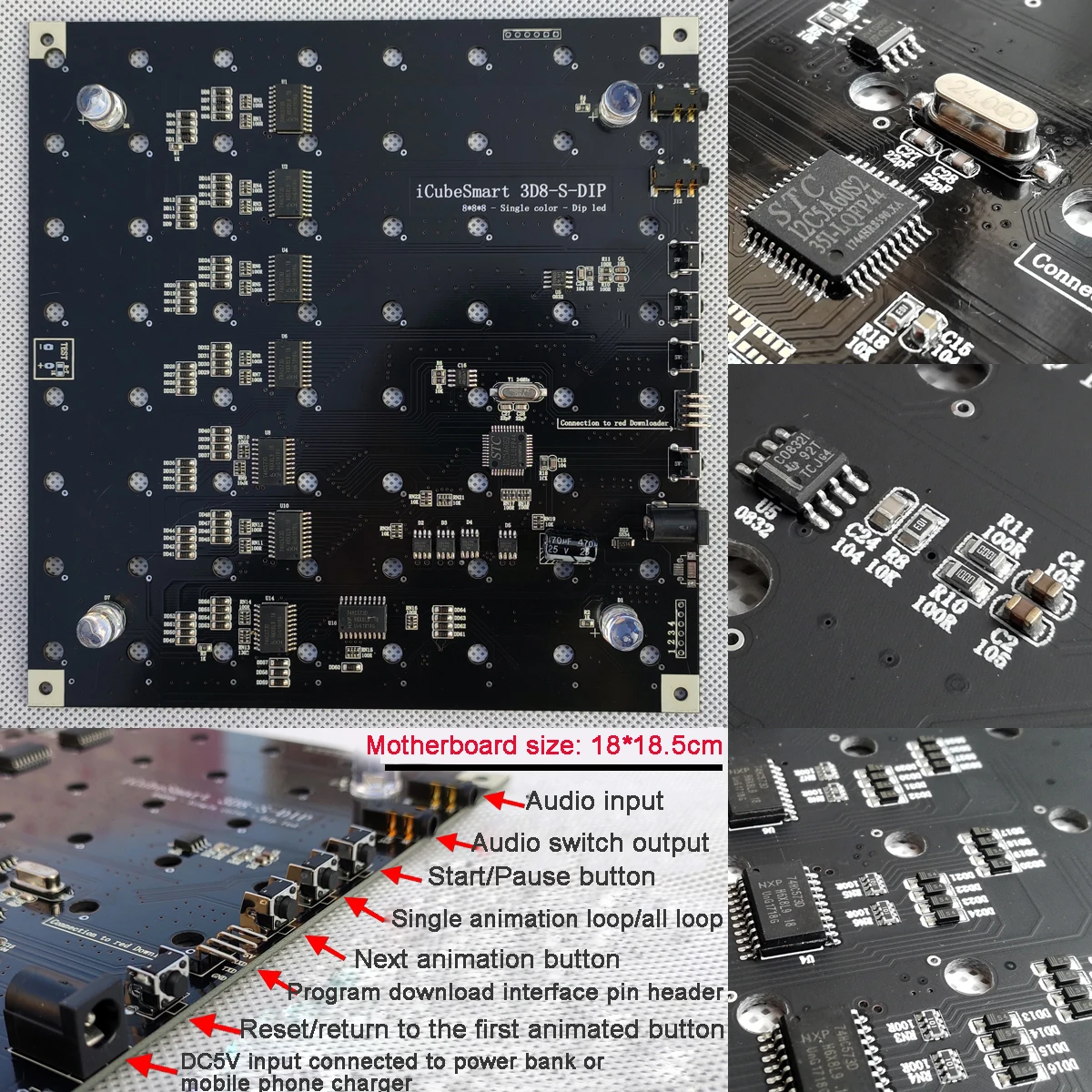 3D 8 Light Cube DIY Kit Color 8X8X8LED Single-Chip Electronic DIY Production 3D Host Computer