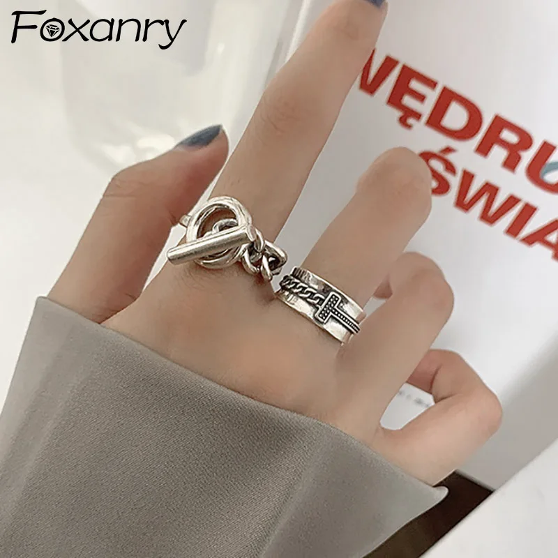 Foxanry Minimalist Silver Color Trendy Rings for Women Vintage Punk Thai Silver Width Chain Geometric Party Jewelry Gifts