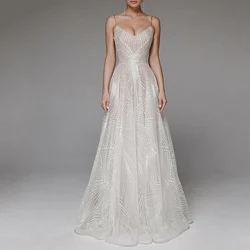 Sequin Tulle Wedding Dresses Sparkly Floor Length Bridal Party Gown V-Neck Spaghetti Straps Backless Plus Size Vestidos De Novia