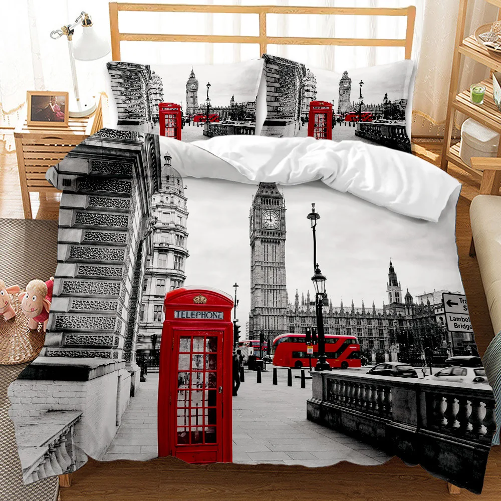 

World Famous Buildings Printed Duvet Cover Set Retro Bedding Set Bedeoom Decor King Queen Size Comforter Cover with Pillow Cover