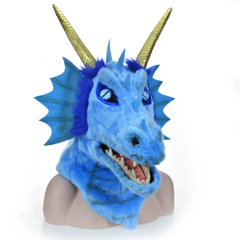 

2022 HuiTai initation animal handmade carnival moving jaw mask blue dargon Halloween-masks performing props