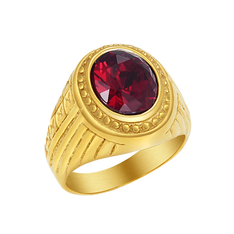 Men Stainless Steel Ring Vintage Gold Color Red/Black Crystal Ring Fashion Party Male Rings Jewelry