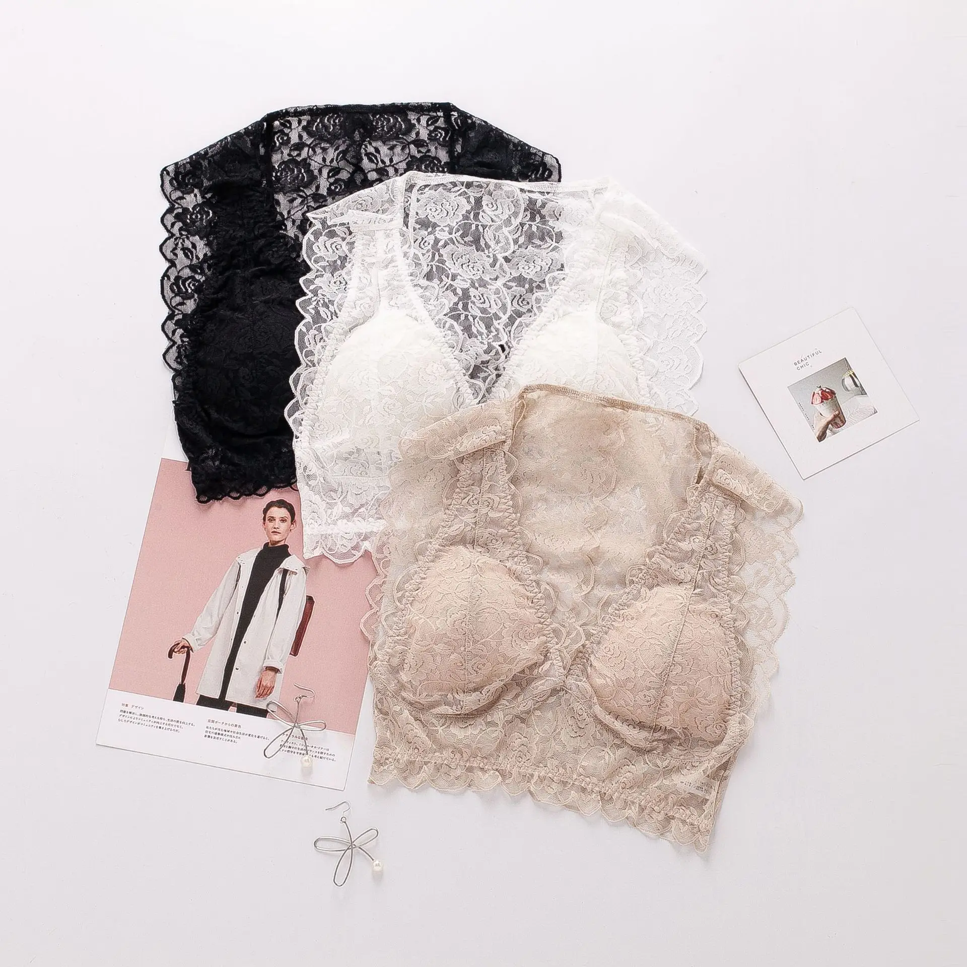 Birdsky, 2PC Women silk vest bra brassiere tube top breast top padded sexy lace wrapping suspender wire rimless. OR-71