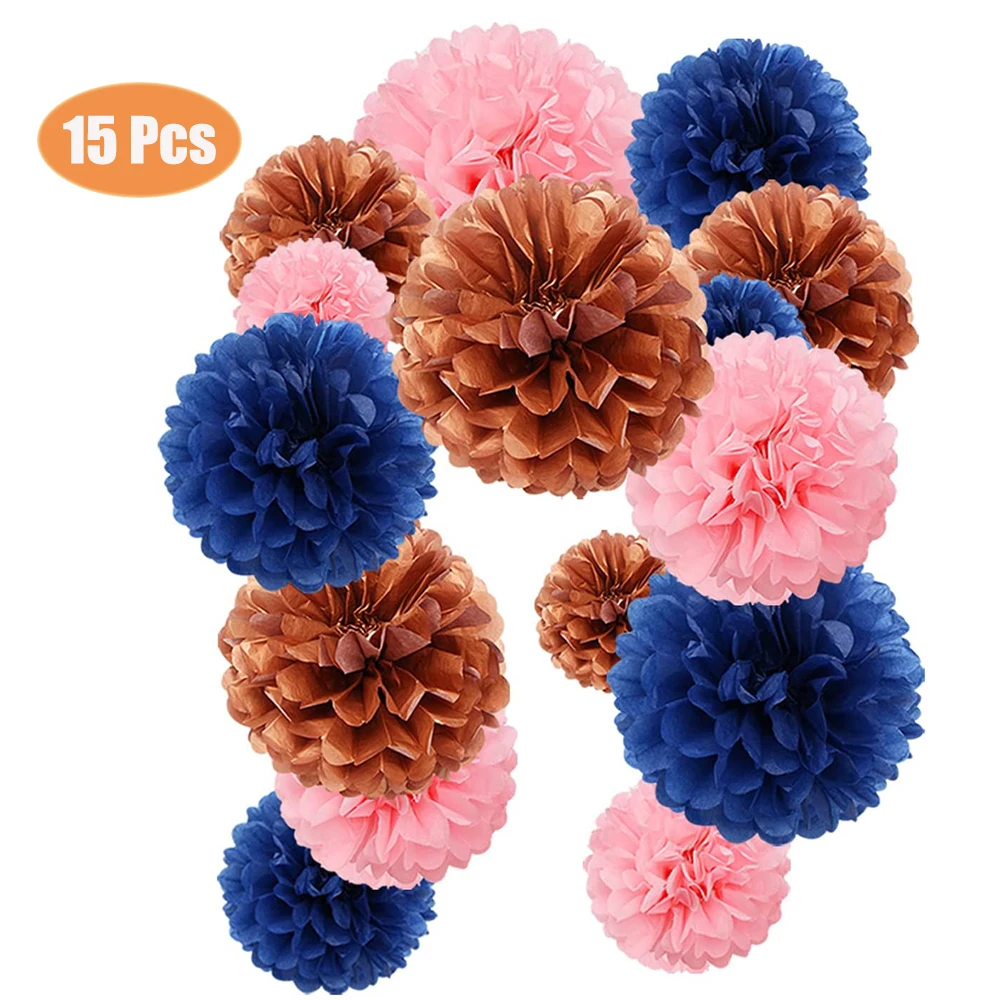 15pcs 5 Size Navy Blue Pink Rose Gold Paper Flowers for Birthday Bachelorette Bridal Shower Room Decor