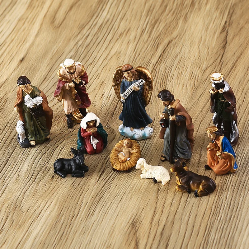 11Pcs/set Christmas Manger Combination Resin Crafts Small Ornaments Nativity Religious Sculpture Decoration