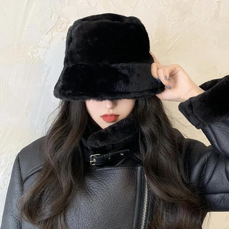 Soft Plush Women Bucket Hat Thick Woolen Fleece Fisherman Cap Solid Color Fur Panama Basin Caps Female Winter Warm Bonnet кепка