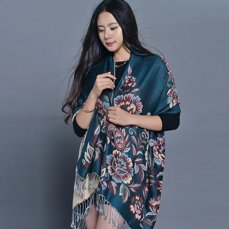 New Arrival Women Ethnic Jacquard Scarf  Flower Print Travel Bufanda Lady Air Conditioning Shawl Thickened Warm Tassel Pashmina