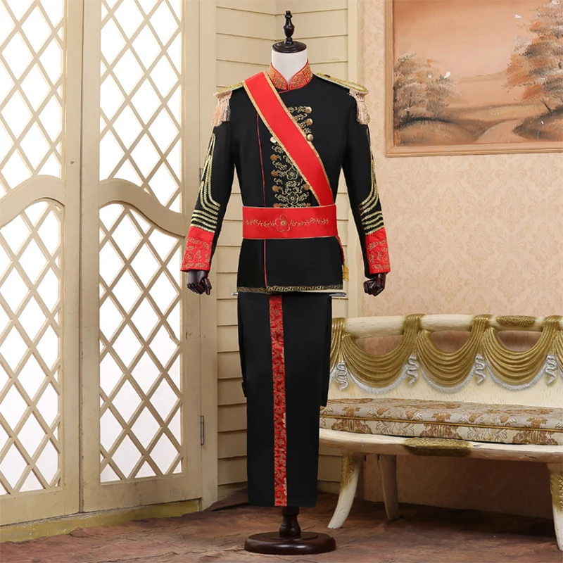 Men Military Uniform Suits Palace Prince Suit Marshal Soldier Honour Guard Dress Stage Costumes Music Singer Host Black White