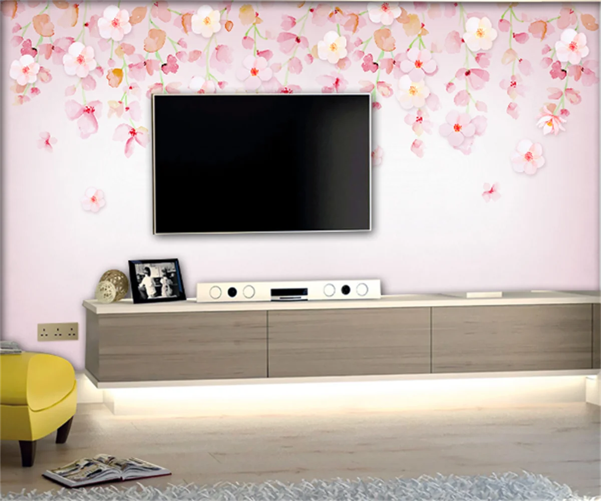 

Japanese and Korean cherry blossom plants watercolor living room sofa background wallpaper furniture decoration custom mural