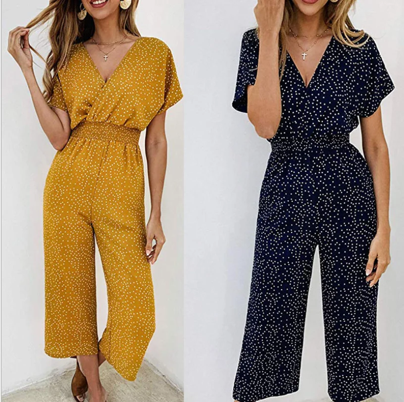 Women Jumpsuits Rompers Summer Casual Shaped Waistband V-neck Pocket Overalls  Short Sleeve Dot Printed  Wide Leg Loose