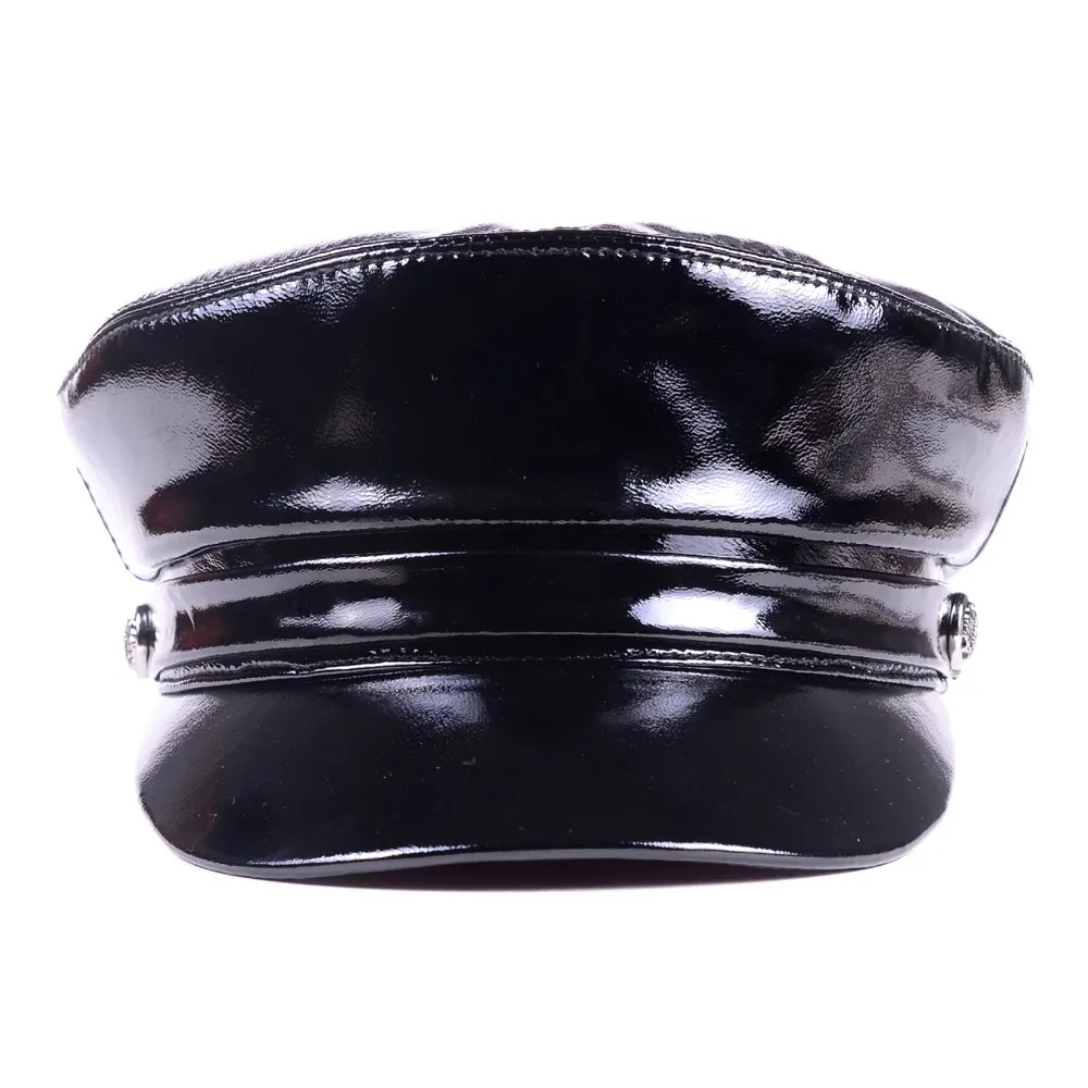 Boina negra brillante de charol de cuero Real para hombres y mujeres, gorras planas militares de Newsboy, sombreros