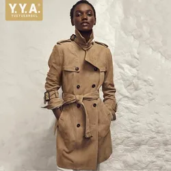 Top Genuine Leather Jackets Women Belted Slim Suede Sheepskin Long Coat Runway Military Double Breasted Windbreaker Trench