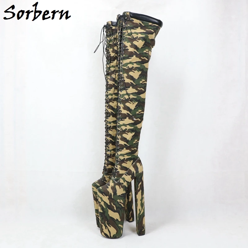 Sorbern Camouflage 30cm High Heel Boots For Drag Queen Crossdresser Shoes Plush 12 Inch Block Heels Cosplay Boots Women Big