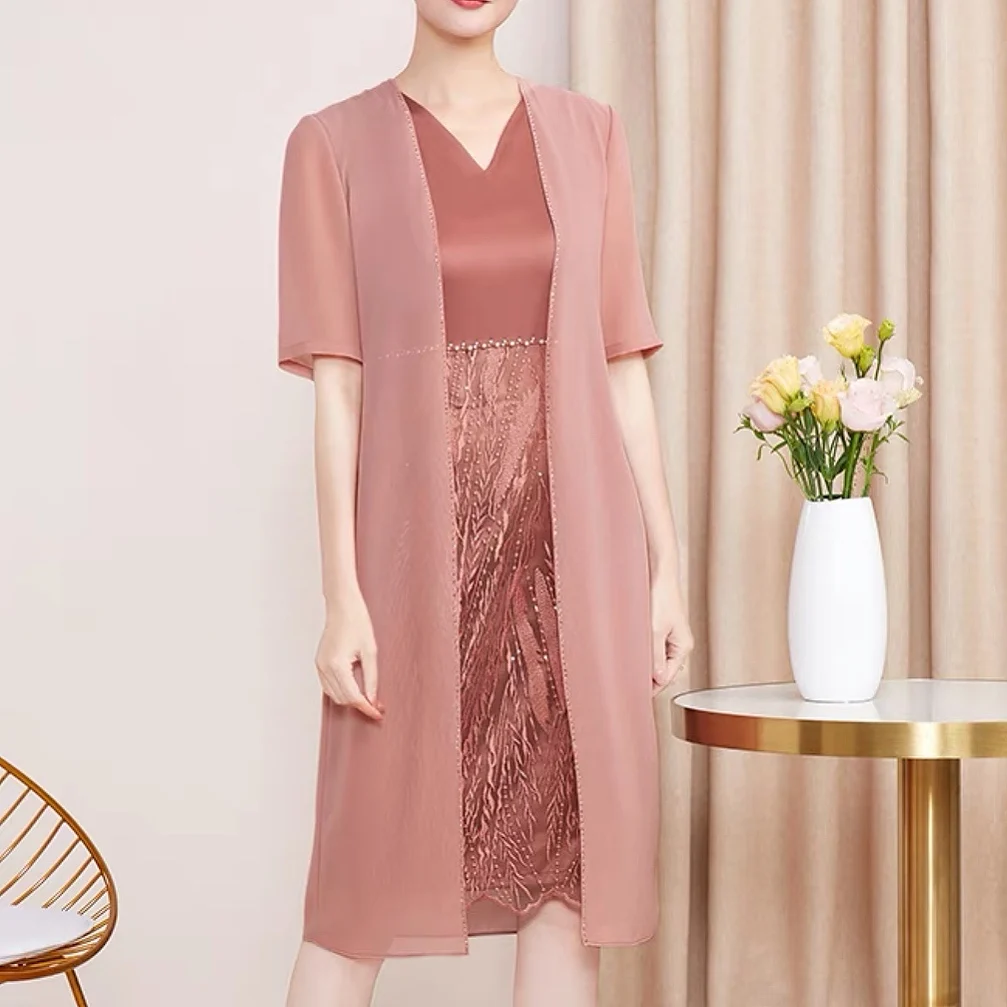 Dusty Pink Mother of the Bride Dress With Jacket Knee Length Lace Chiffon Half Sleeves 2 Piece Banquet Wedding Evening Prom Gown