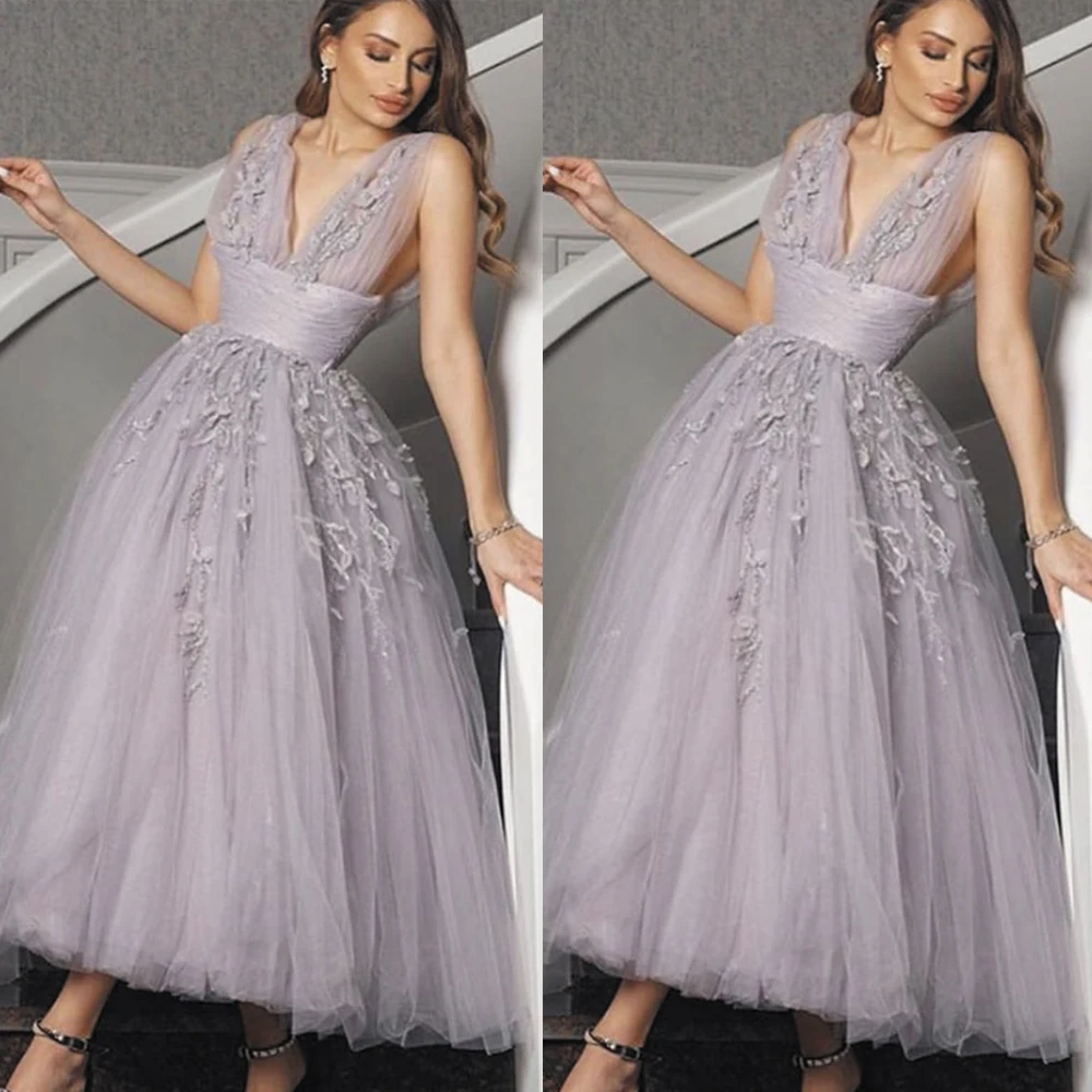 SuperKimJo Ankle Length Silver Prom Dresses Ball Gown 2022 Lace Applique Deep V Neck Sleeveless Cheap Prom Gown Casamento 2023