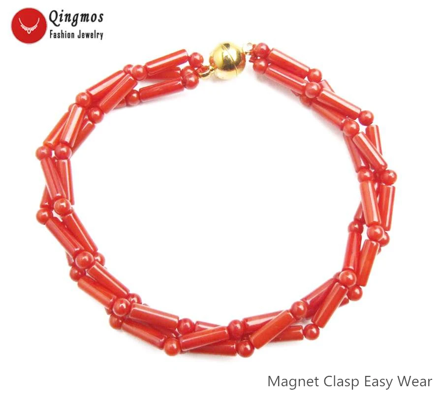 Qingmos Fashion 3*9mm Thick Slice Natural Red Coral Bracelets for Women with 3-4mm Round Coral Bracelet Jewelry 7.5\'\' bra487