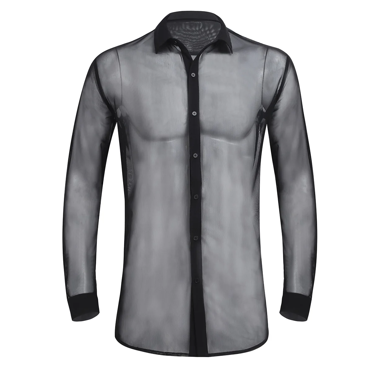 Mens Fashionable T-Shirts Tops See Through Mesh Long Sleeve ith button closure Tops Clubwear Soft Turn-down Collar Top Shirt