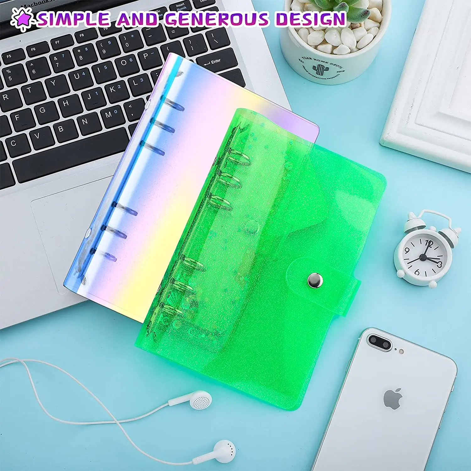 A6 Binder Clear Glitter Refillable 6-Ring Notebook Cover with Snap Button Closure,Loose Leaf Folder Notebook Personal Planner