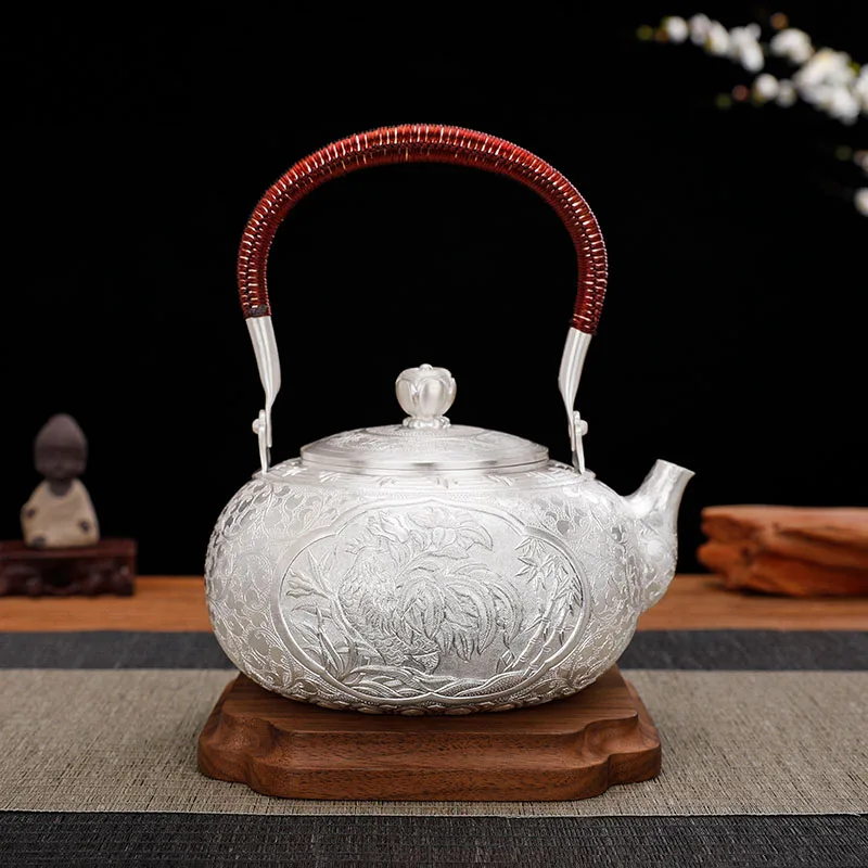 Silver Kettle, Pure Silver 999 Hand Carved Chinese Household Tea Set, Pure Silver Kettle