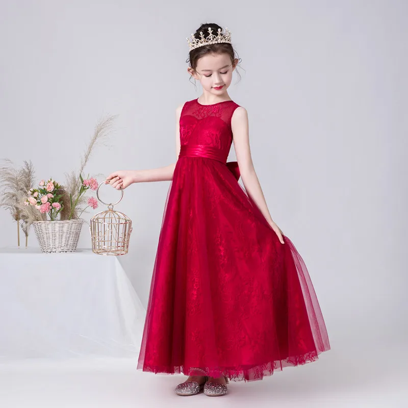 Kids Long Formal Princess Dress Pageant Gowns Burgundy Elegant Lace Flower Girl Dresses For Wedding Birthday Party Bowtie