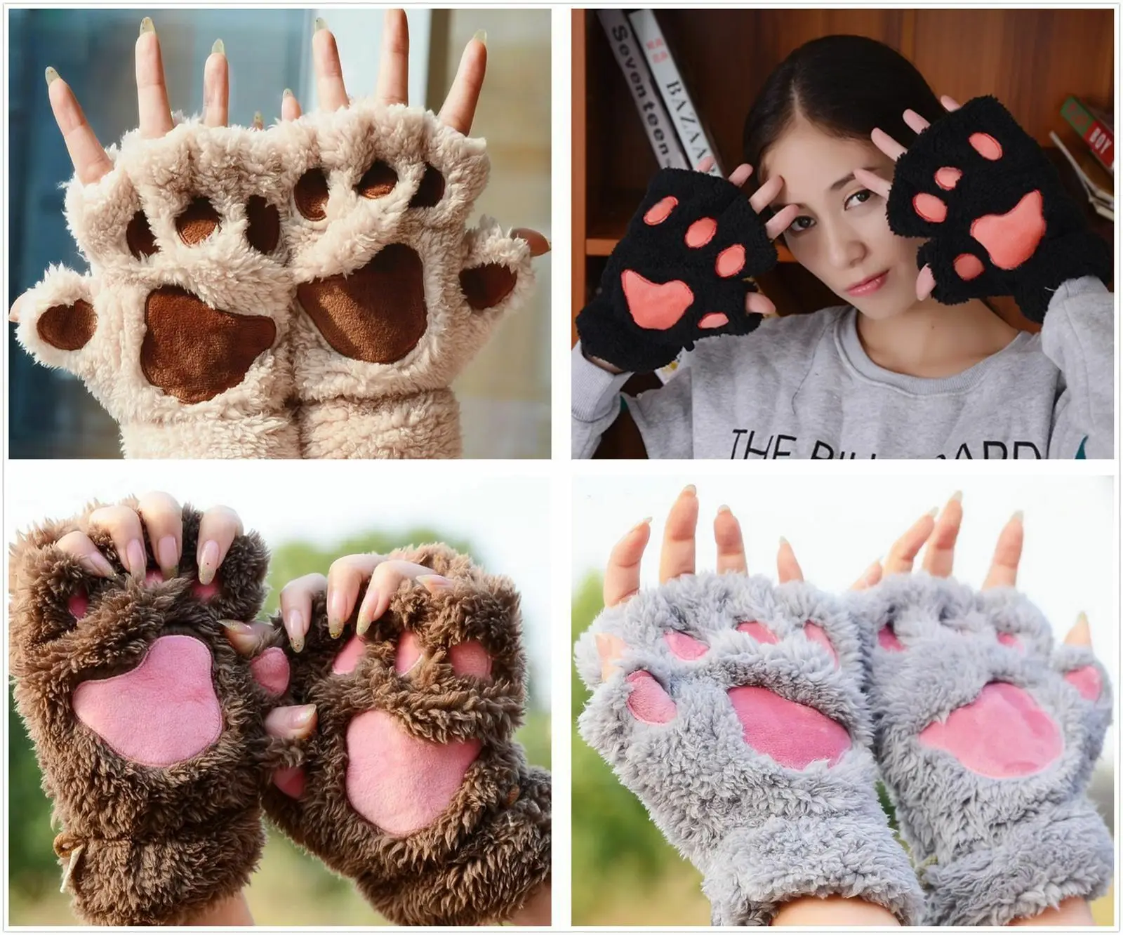 Winter Women Cute Cat Claw Paw Plush Mittens Short Fingerless Gloves Half Finger Warm Plush Antifreeze gloves