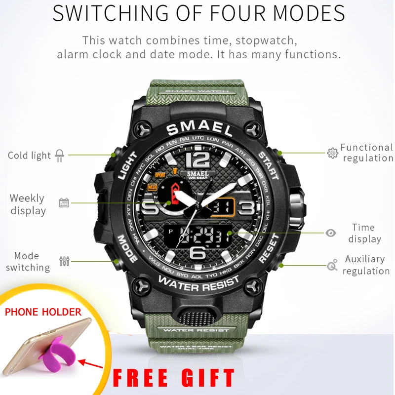 SMAEL Brand Men Sports Watches Dual Display Analog Digital LED Electronic Quartz Wristwatches Waterproof Swimming Military Watch