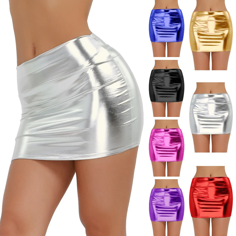 Sexy Women PU Leather Pencil Bodycon High Waist Mini Skirt Fashion Ladies Femme Shiny Patent Leather Wetlook Pole Dance Skirt