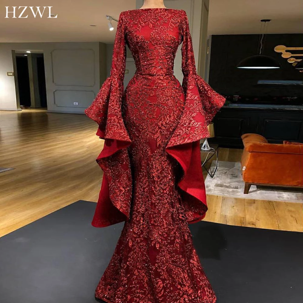 Luxury Flare Sleeve Dark Red Applique Sequins Lace Dubai Evening Dresses Long Sparkle Mermaid Prom Dress 2020 robe de soiree