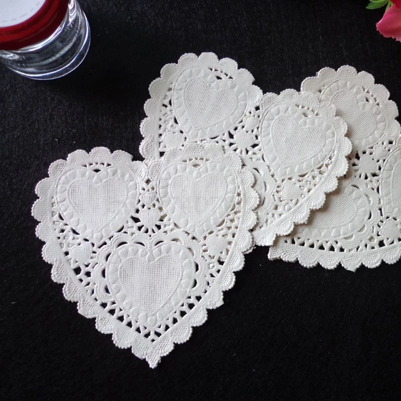 100Pcs/Set 4 Inch 10cm Heart Shape Paper Doily White Doilies Coaster Placemat