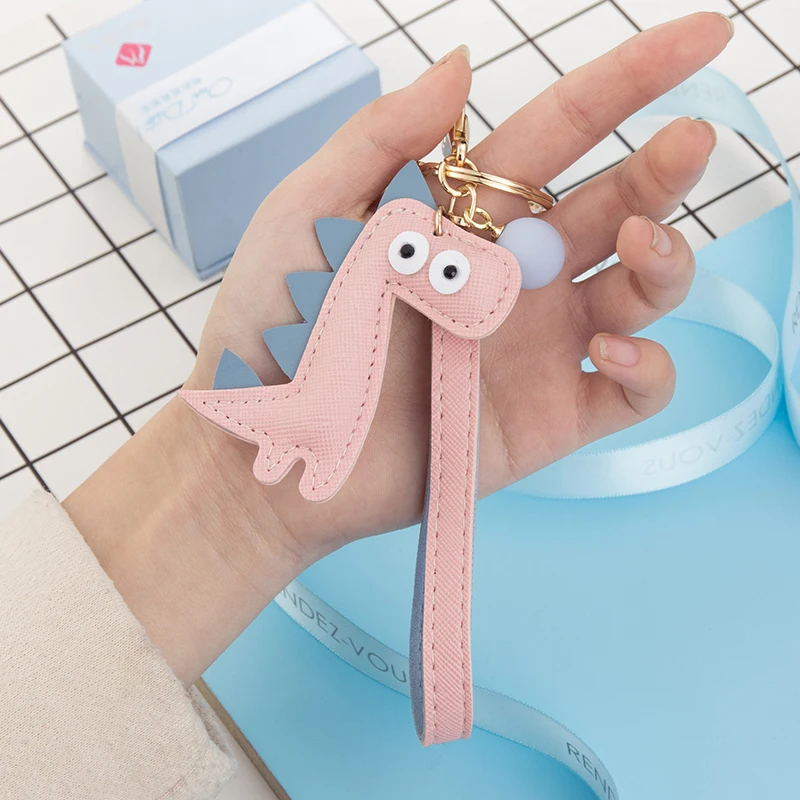 Cartoon Dinosaur Keychain PU Leather Cotton Fillled Blue Pink Brown Grey Pendant Car Personality Lady Keyring Bag Lanyard Gift