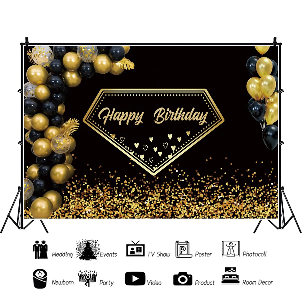 Laeacco Chúc Mừng Sinh Nhật Vàng Bóng Nền Đen Chấm Bi Lấp Lánh Chân Dung Cá Tính Poster Chụp Ảnh Ảnh Backdrop