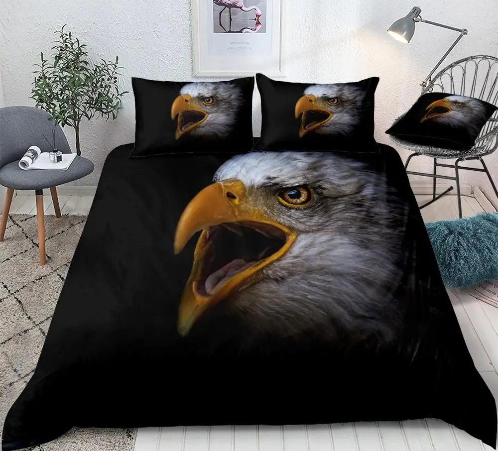 American Bald Eagle Bedding Wildlife Duvet Cover Set Portrait of Eagle Printed Black Comforter Cover Bird 3pcs Teens Dropship