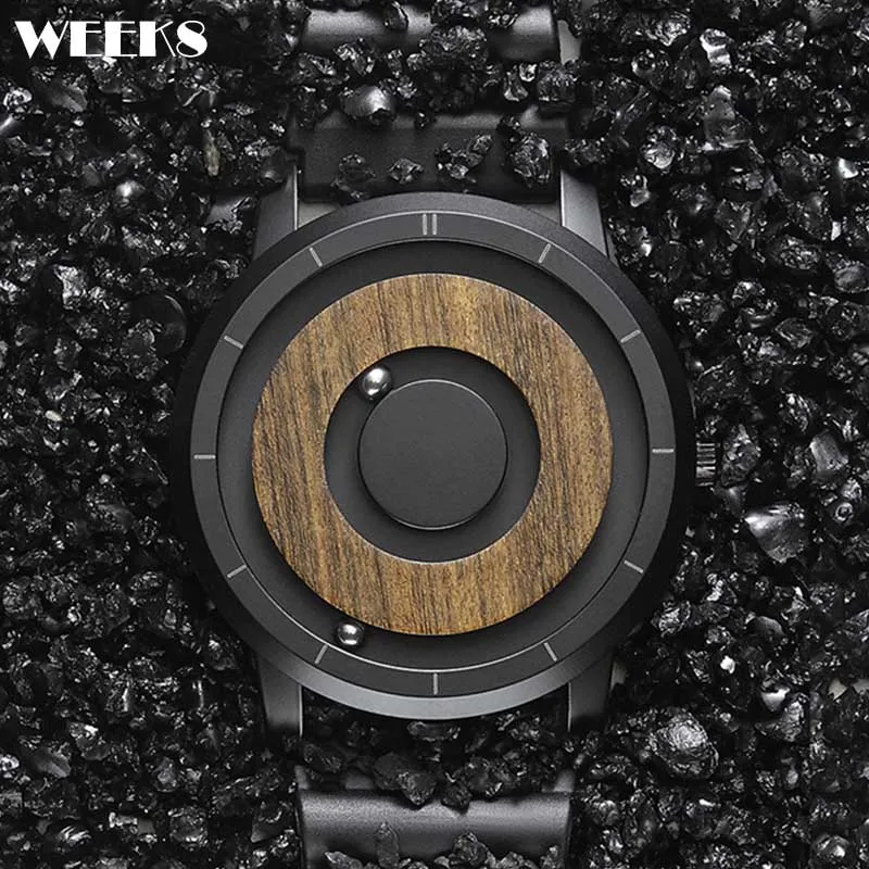 

Wooden Magnet Watches for Men Brown Walnut Wood Wristwatches Simple Casual Quartz Watch Rubber Strap Men Minimalist Dial Reloj