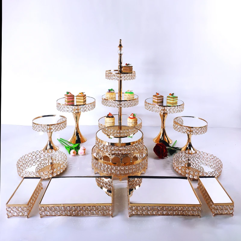 

7-14pcs Crystal Metal Cake Stand Set Acrylic Mirror Cupcake Decorations Dessert Pedestal Wedding Party Display Tray