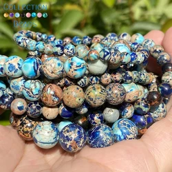 4 6 8 10mm Natural Stone Beads Cyan Gold Color Sea Sediment Jaspers Turquoises Round Beads For Jewelry Making DIY Bracelets