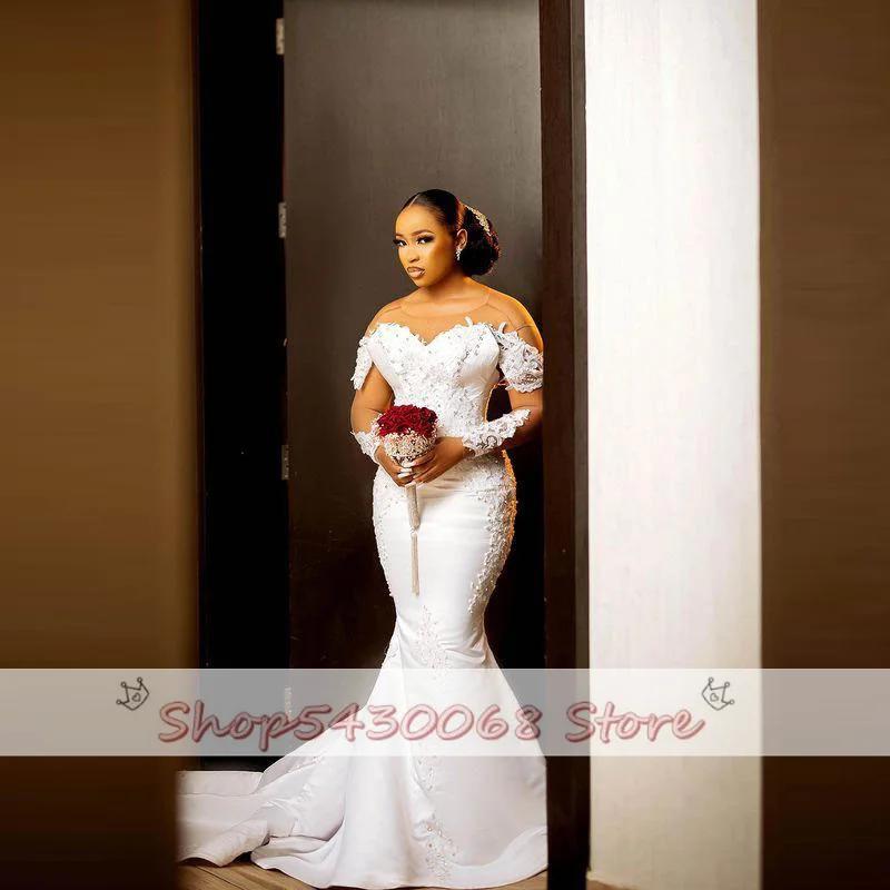 Aso Ebi Mermaid Trouwjurken Met Sheer Hals Illusion Lange Mouwen Bridal Dress Kant Applicaties Parels Vestido De Noiva