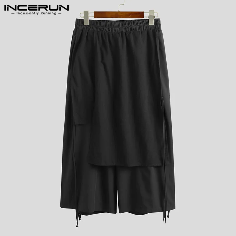 INCERUN Solid Color Men Casual Pants Joggers Elastic Waist Loose Irregular Skirt Trousers Men Streetwear Harajuku Wide Leg Pants