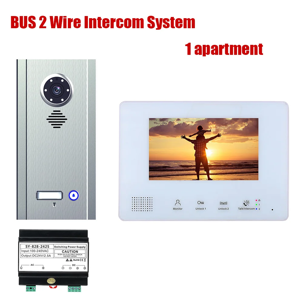 7 Inch BUS 2 Wire Video Door Phone Intercom systems Kit for home 1 Units 1/2/3/4 Camera Apartment  Night Vision