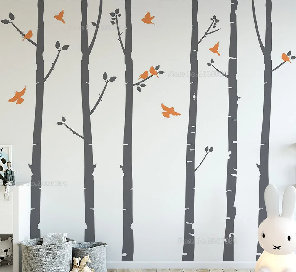 Six Tall Birch Trees Birds Colorful Wall Decals Woodland Art Wall Decoration Nursery Wall Stickers Kids Bedroom Wallpaper LL2212