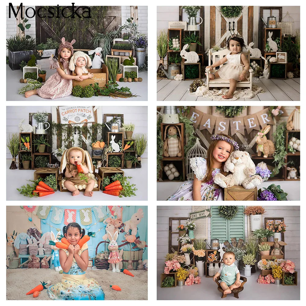 

Newborn Kids Spring Easter Bunny Photography Backdrop Carrot Bunny Girls Birthday Cake Smash Portrait Photo Booth Background