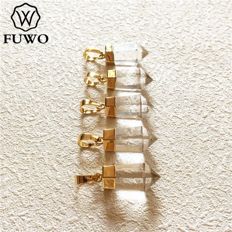 FUWO Wholesale Natural Clear Quartz Point Pendants,Golden Plated Bullet Shape Crystal Accessories For Jewelry Make 5Pc/Lot PD004