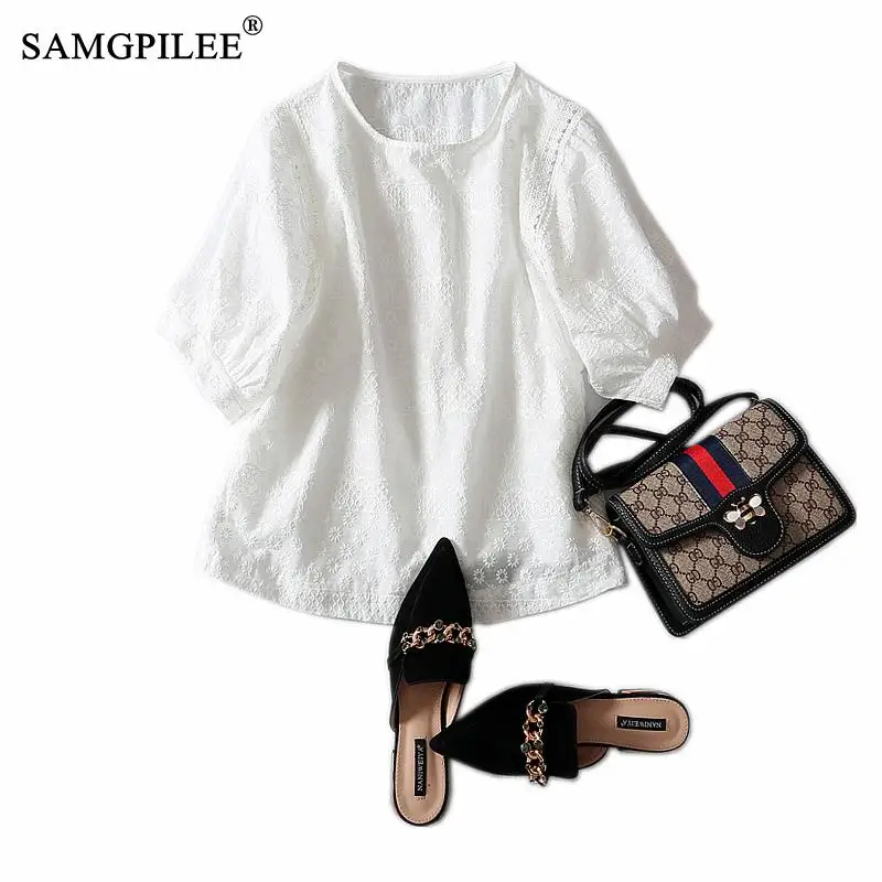 

2022 Women Summer Clothing T Shirt Woman Office Lady Lace Half Sleeve Embroidery Women Solid O-neck Femme T-shirts 3XL