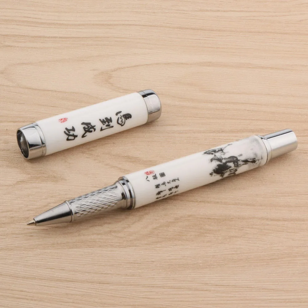 High quality Blue and White Porcelain With Horse to success Chinese Painting Roller ball Pen signature ink pen Supplies