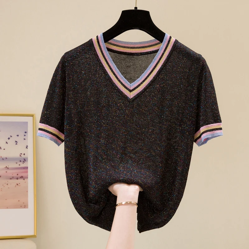 Shiny Lurex 2023 primavera estate scollo a V maglione a righe donna Casual manica corta Pullover maglione lavorato a maglia top coreani